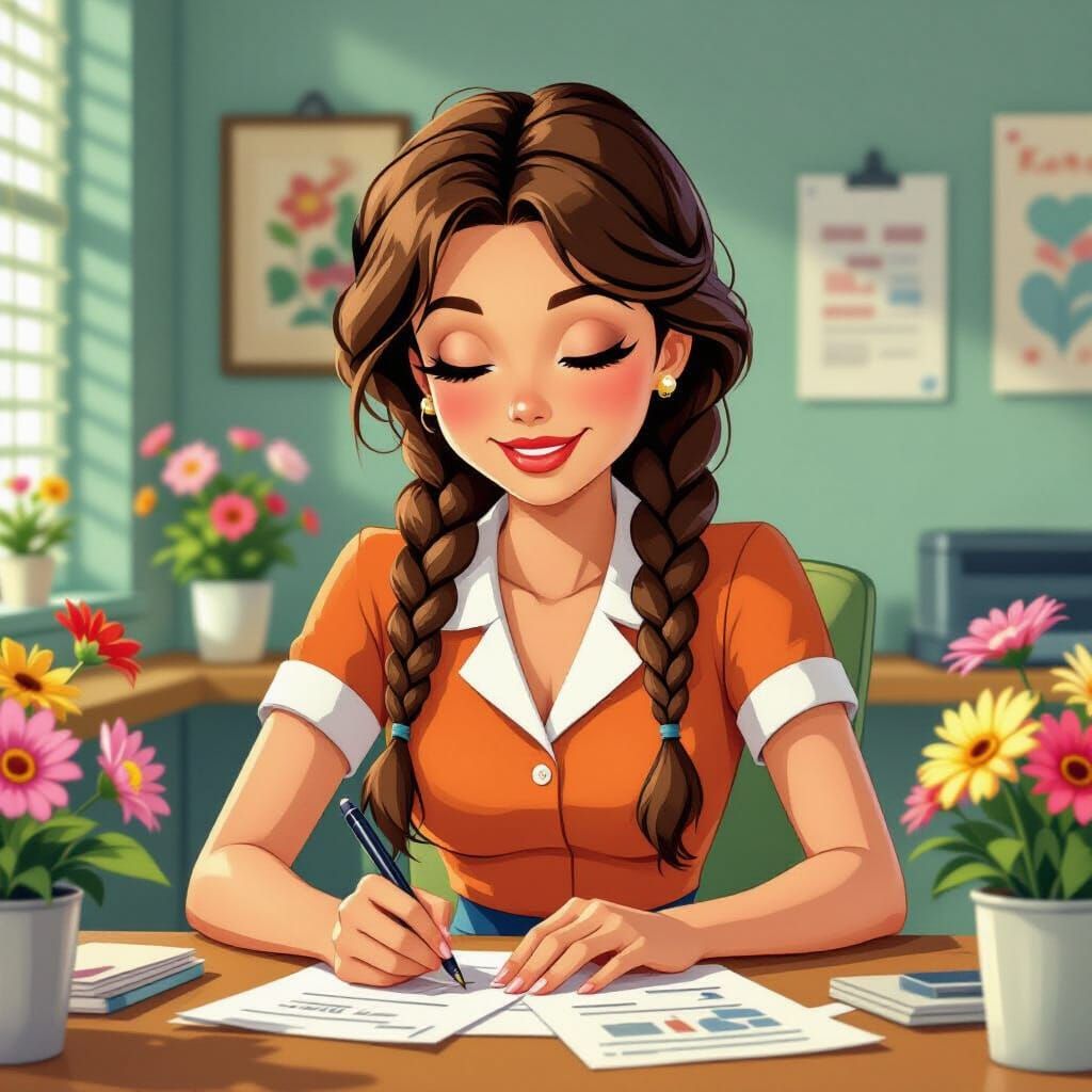 1960s Cartoon Woman Working at Desk