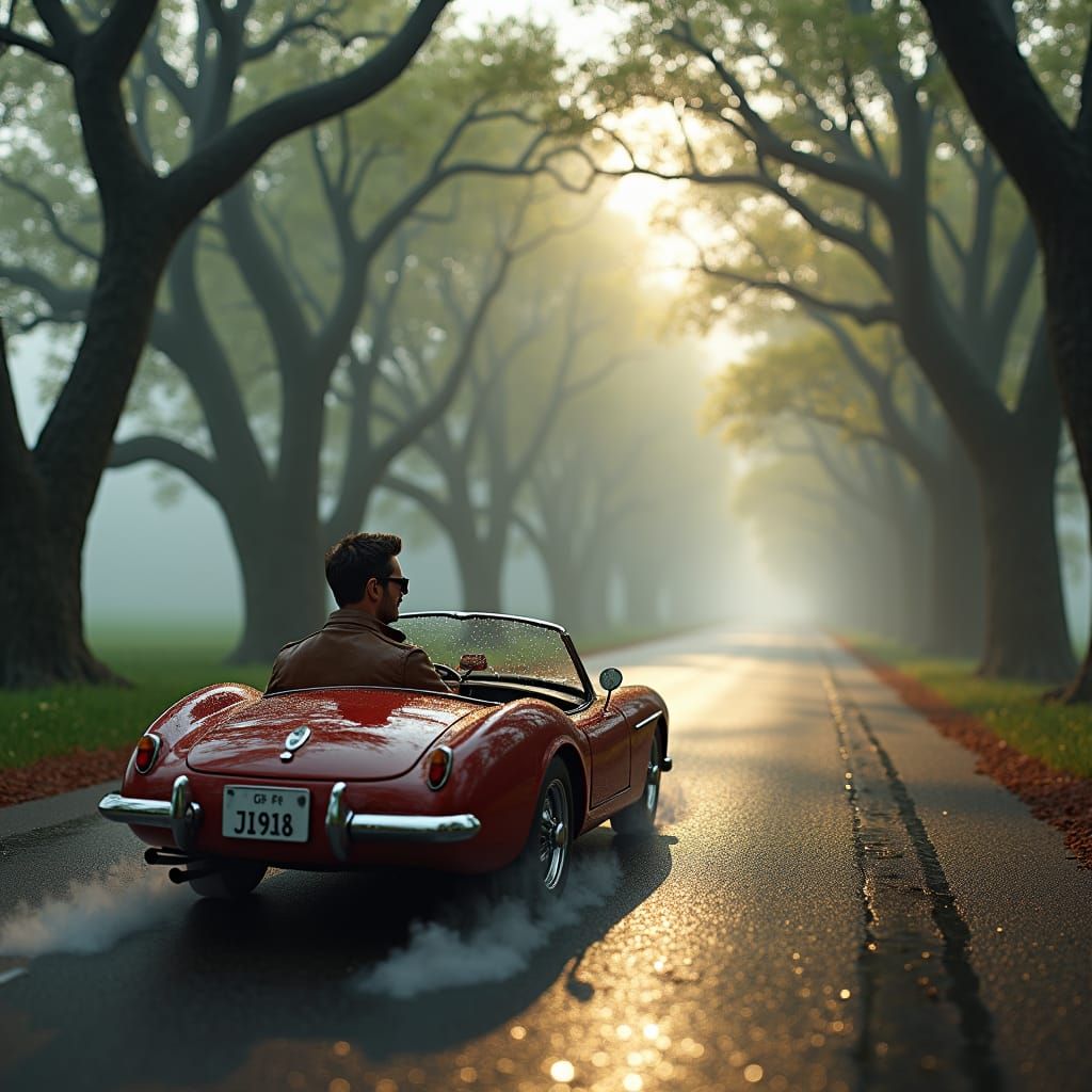 Vintage Car on Winding Road in Atmospheric Lighting