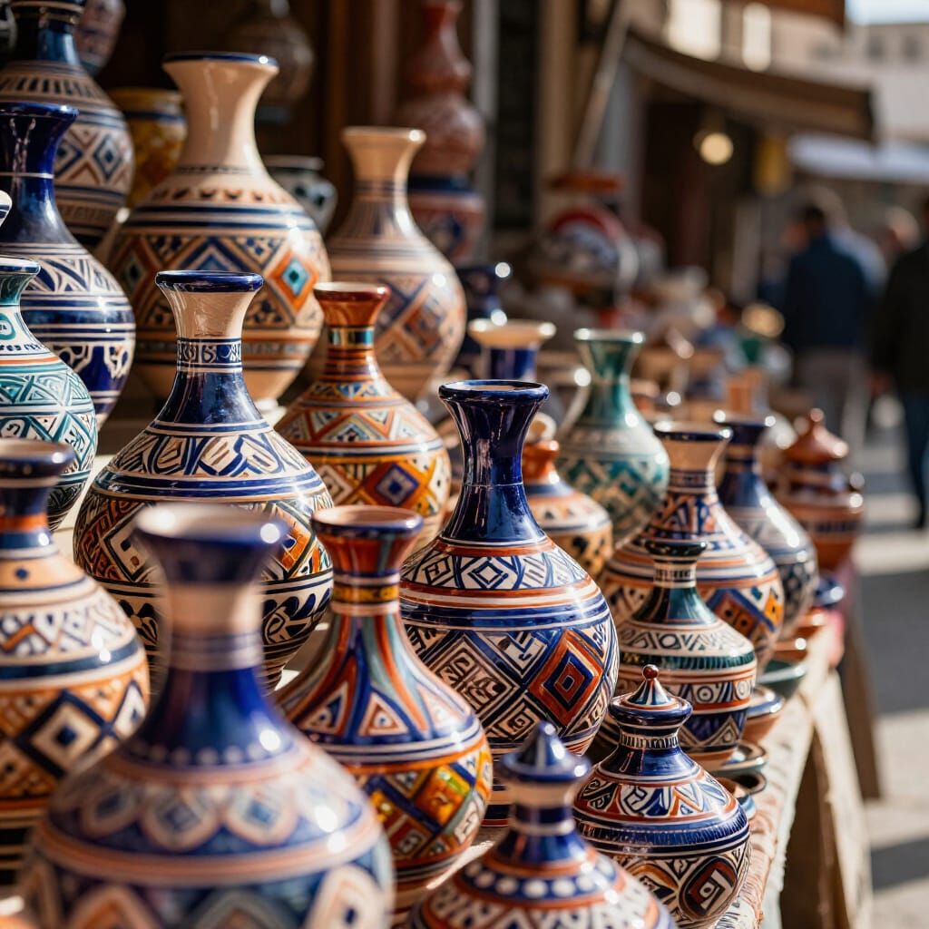 Vibrant Tunisian Pottery at Street Market