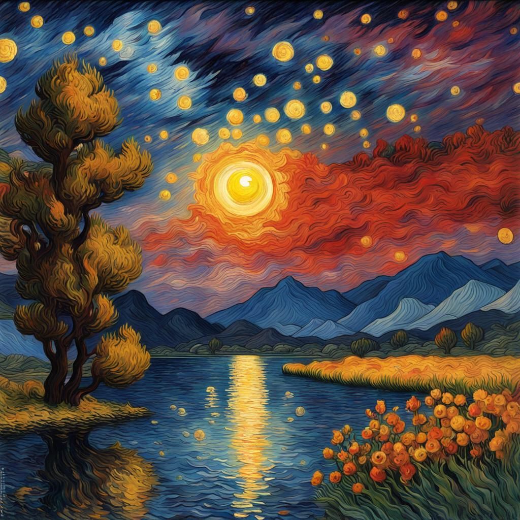 Starry Night Sky with Oak in Post-Impressionist Style