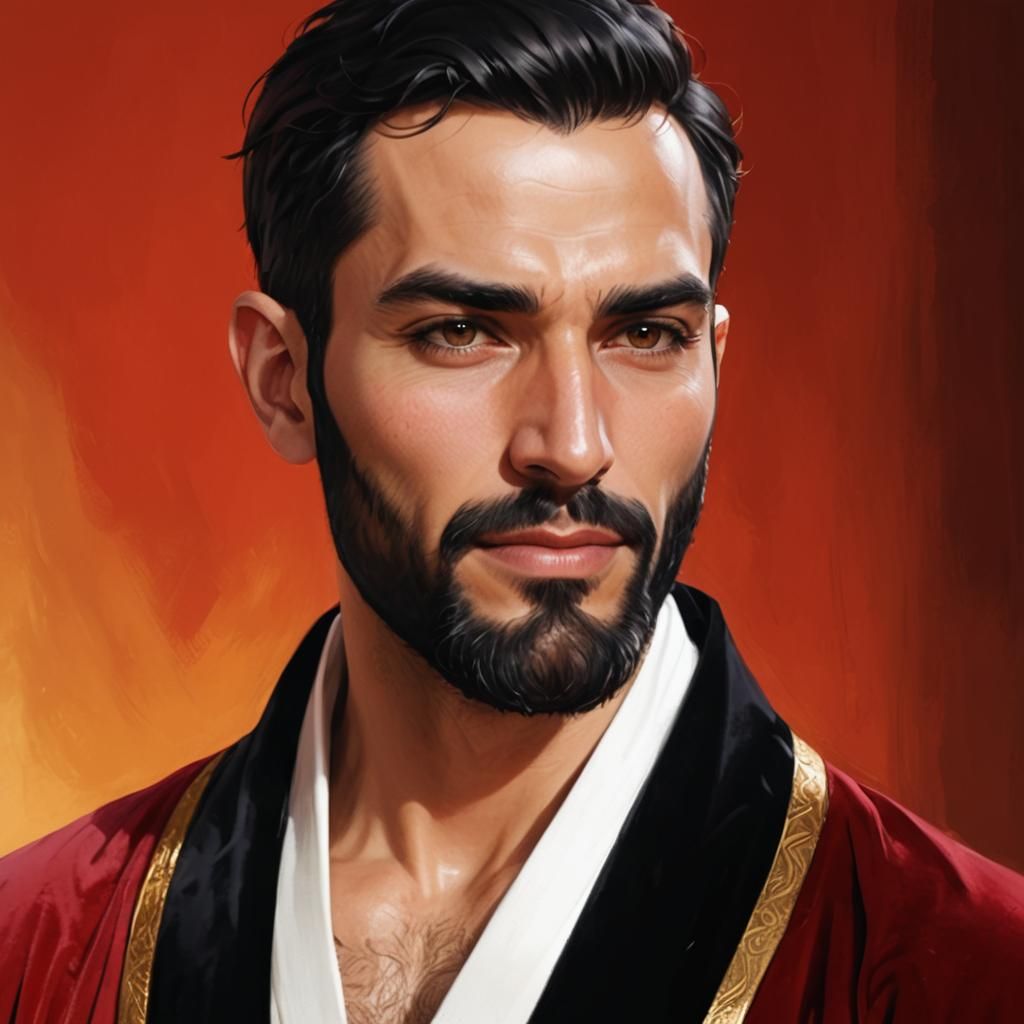 Handsome Man in Red Velvet Robe, Detailed Portrait