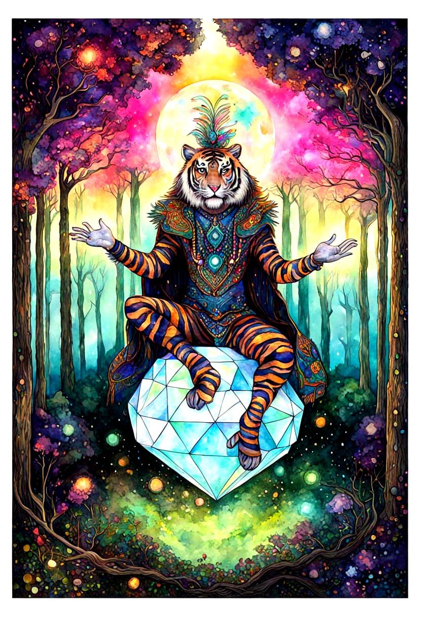 Tiger Spirit Casting Spells in Psychedelic Forest