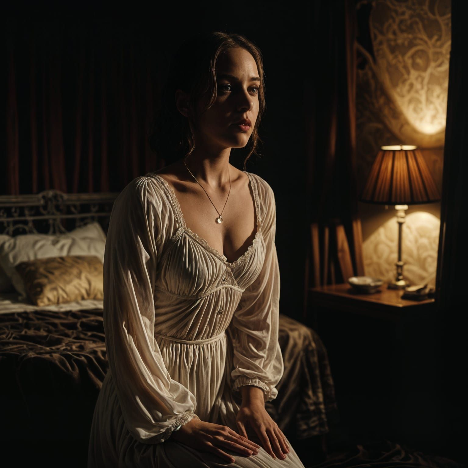 Gothic Nightgown Woman Kneeling: Cinematic Masterpiece