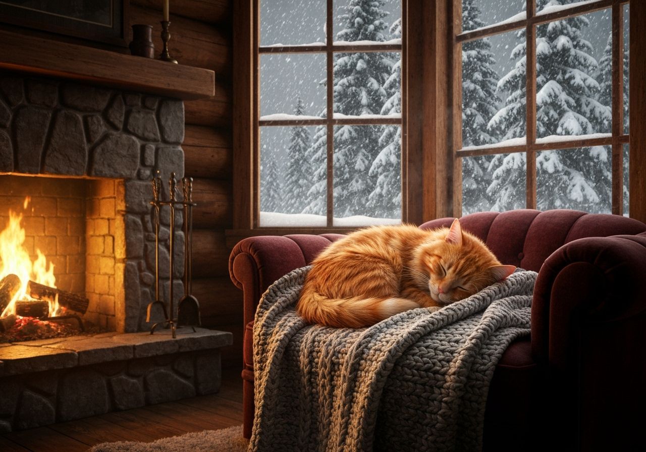 Cozy Cabin Cat Napping by Fireplace in Snowstorm