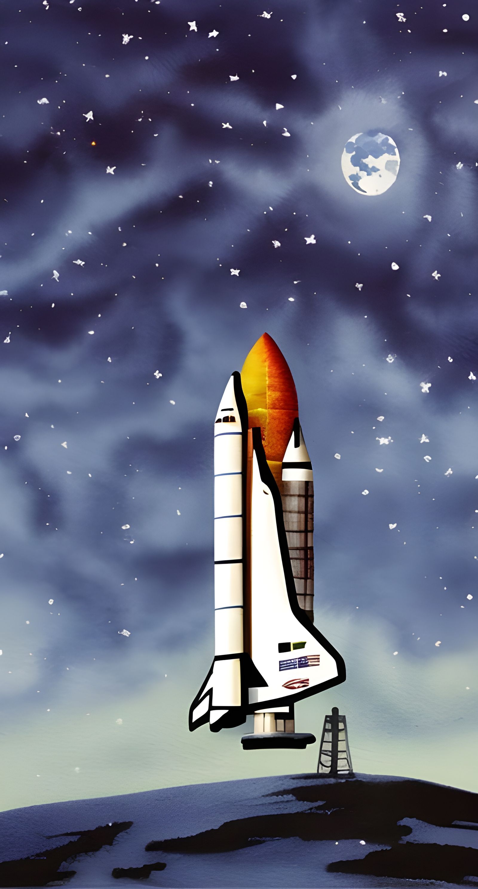 Space Shuttle in Winter Landscape Watercolor Painting