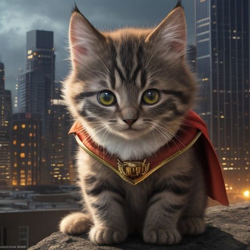 Kitten Superhero with Glowing Eyes, Digital Art