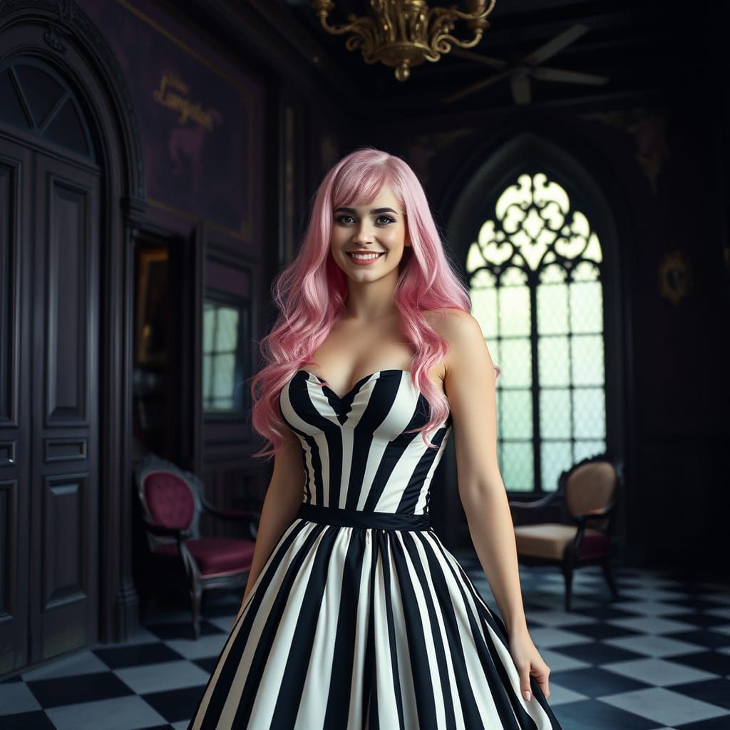 Gothic Woman in Striped Gown, Watercolor Style