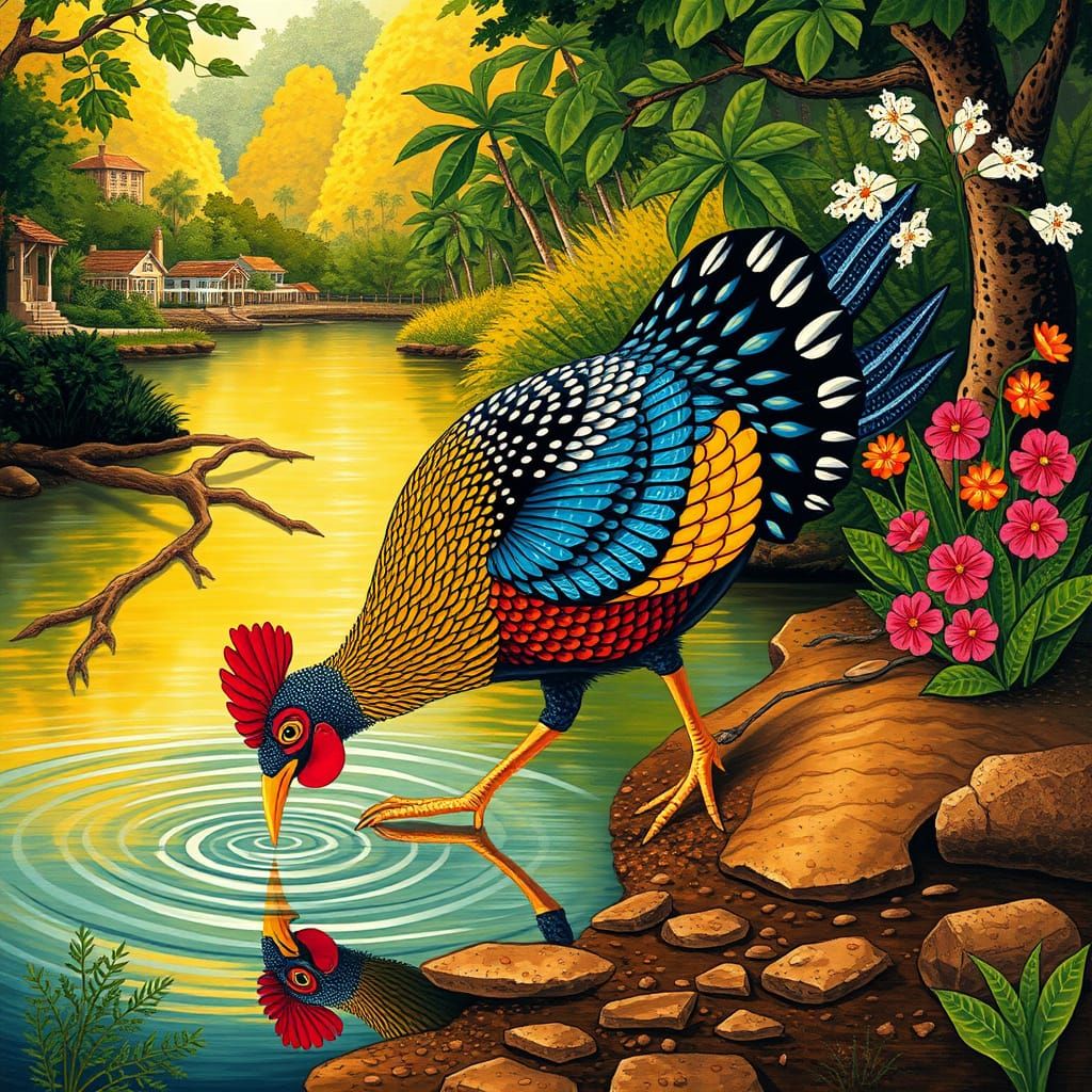 Favored Guinea Fowl Strolls by Serene River in Folk Art Styl...