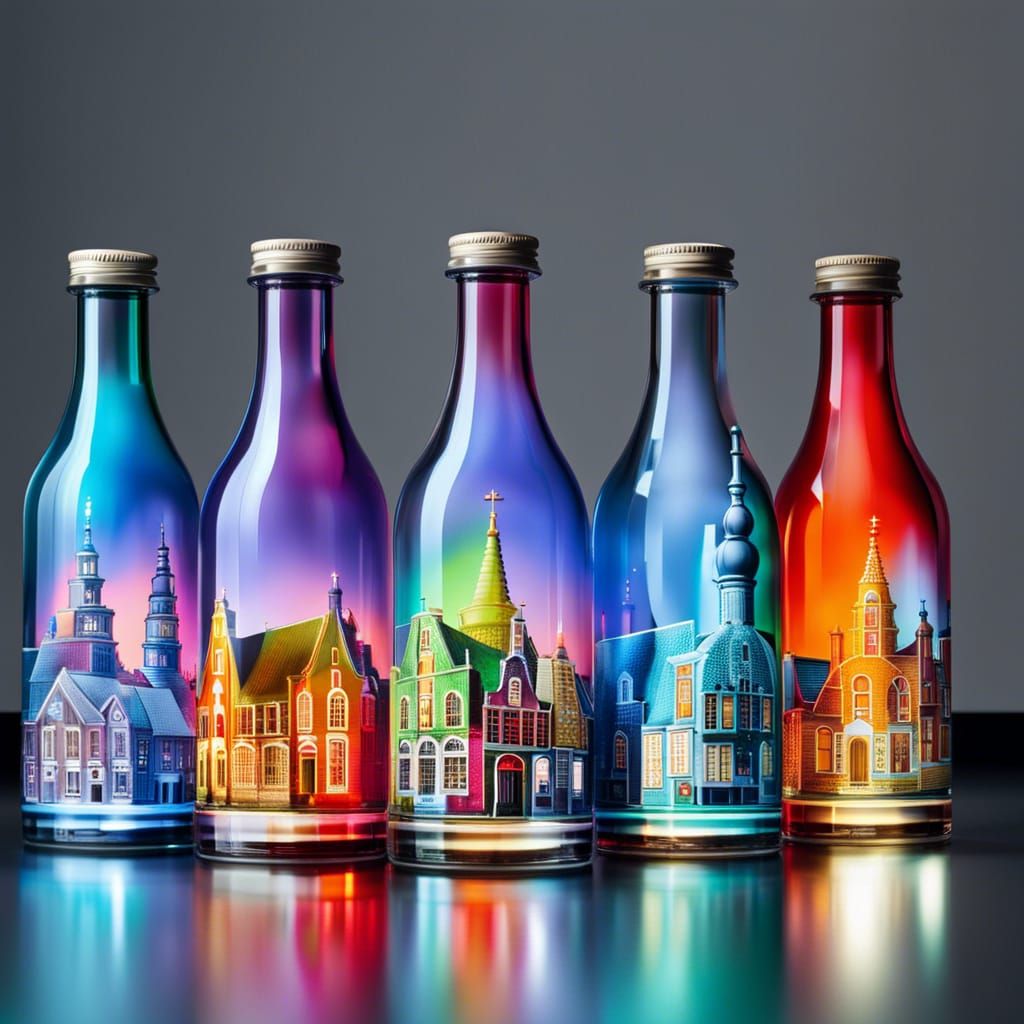 Hyperrealistic Dutch City in Bottles: Splash Art