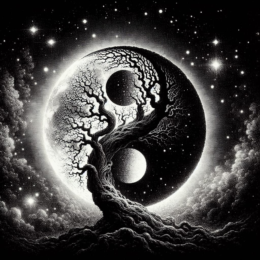Ethereal Gothic Trees in Yin-Yang Harmony, under Stars and F...