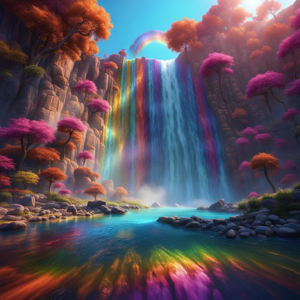 Rainbow Waterfall: Detailed Fantasy Concept Art