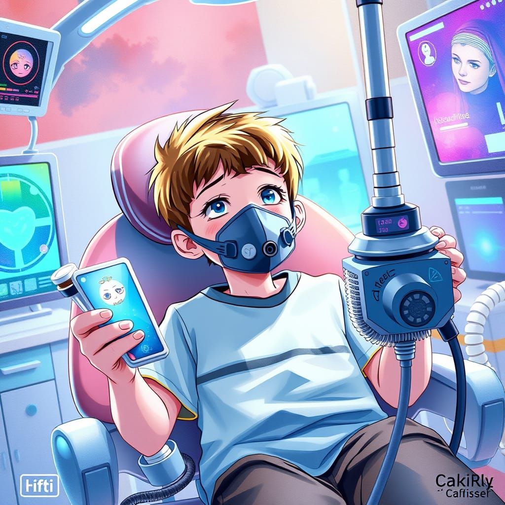 Surreal Dentist Scene in Whimsical Digital Watercolor Style