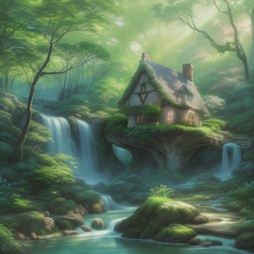 Whimsical House by Waterfall in Watercolor Style