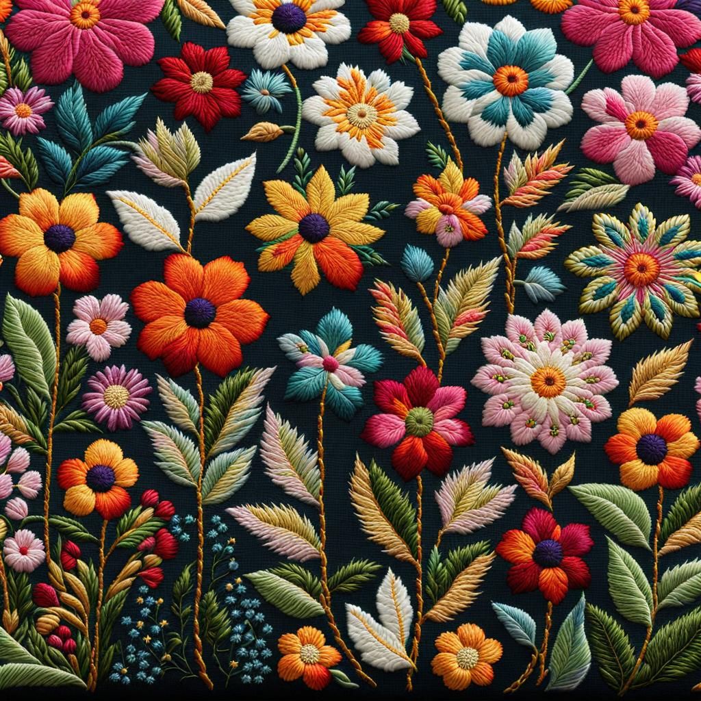 Detailed Embroidery of a Vibrant Garden Scene