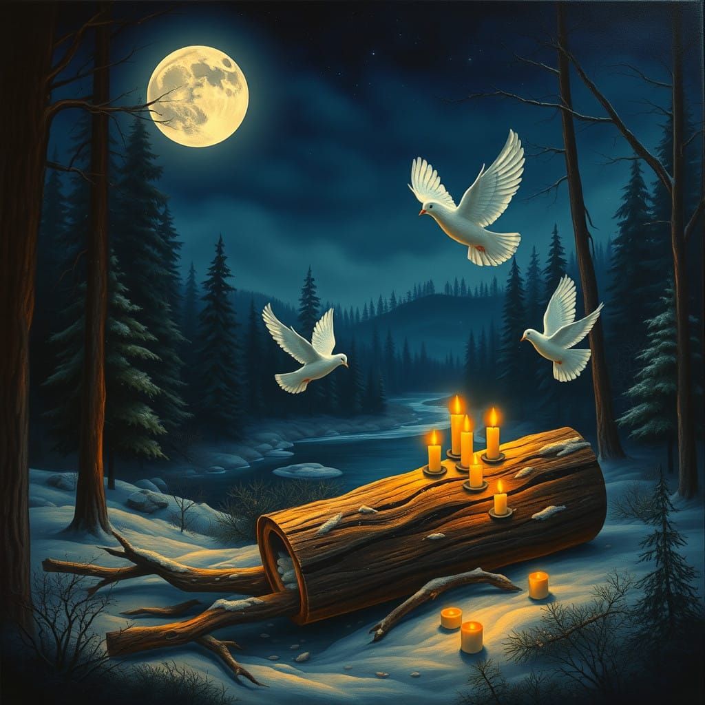 Peaceful Encaustic Wax Doves in a Christmas Forest Night Sce...