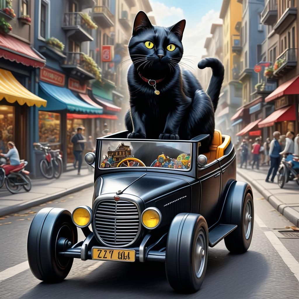 Giant Black Cat Zooms Through City in Toy Car