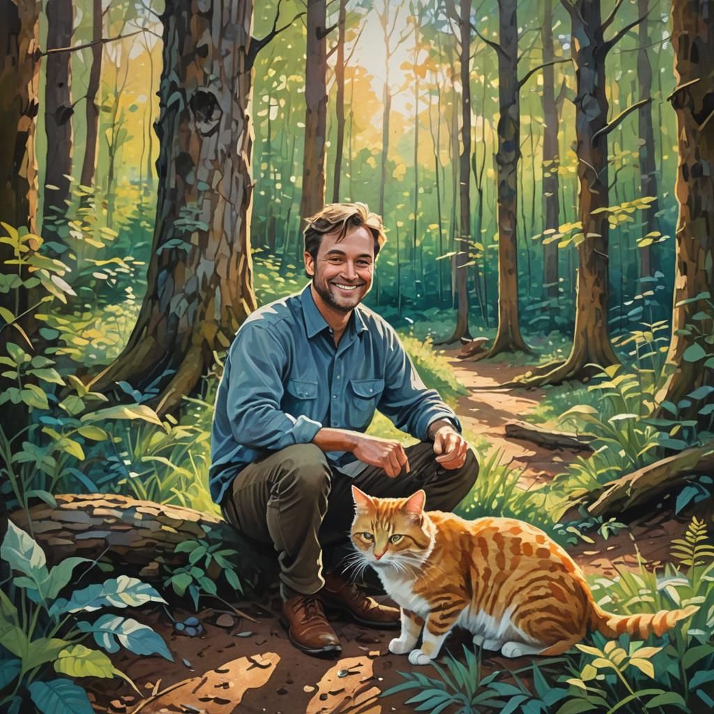 Man and Cat in Forest Clearing Gouache Painting