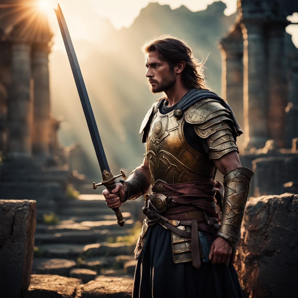 Ethereal Fantasy Warrior in Ancient Ruins