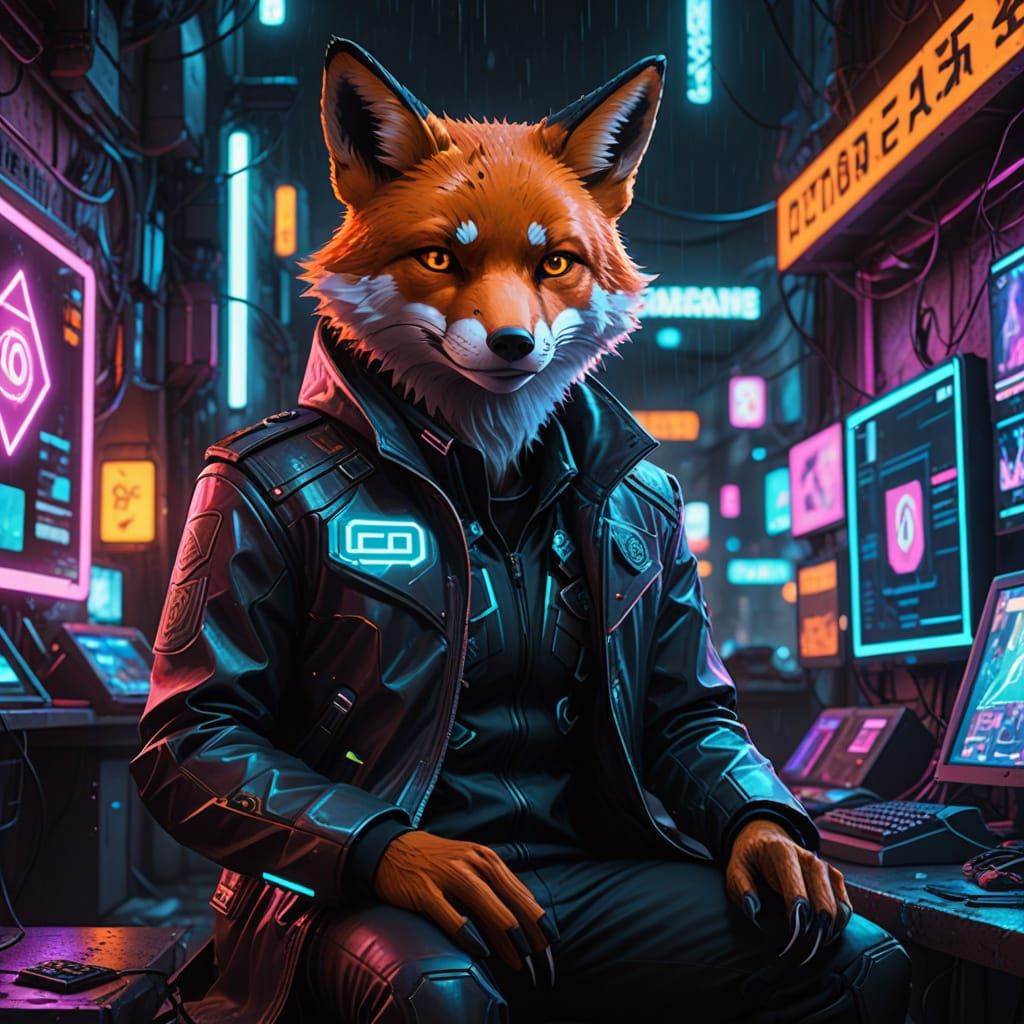 Cyberpunk Fox Hacker in Neon Alley