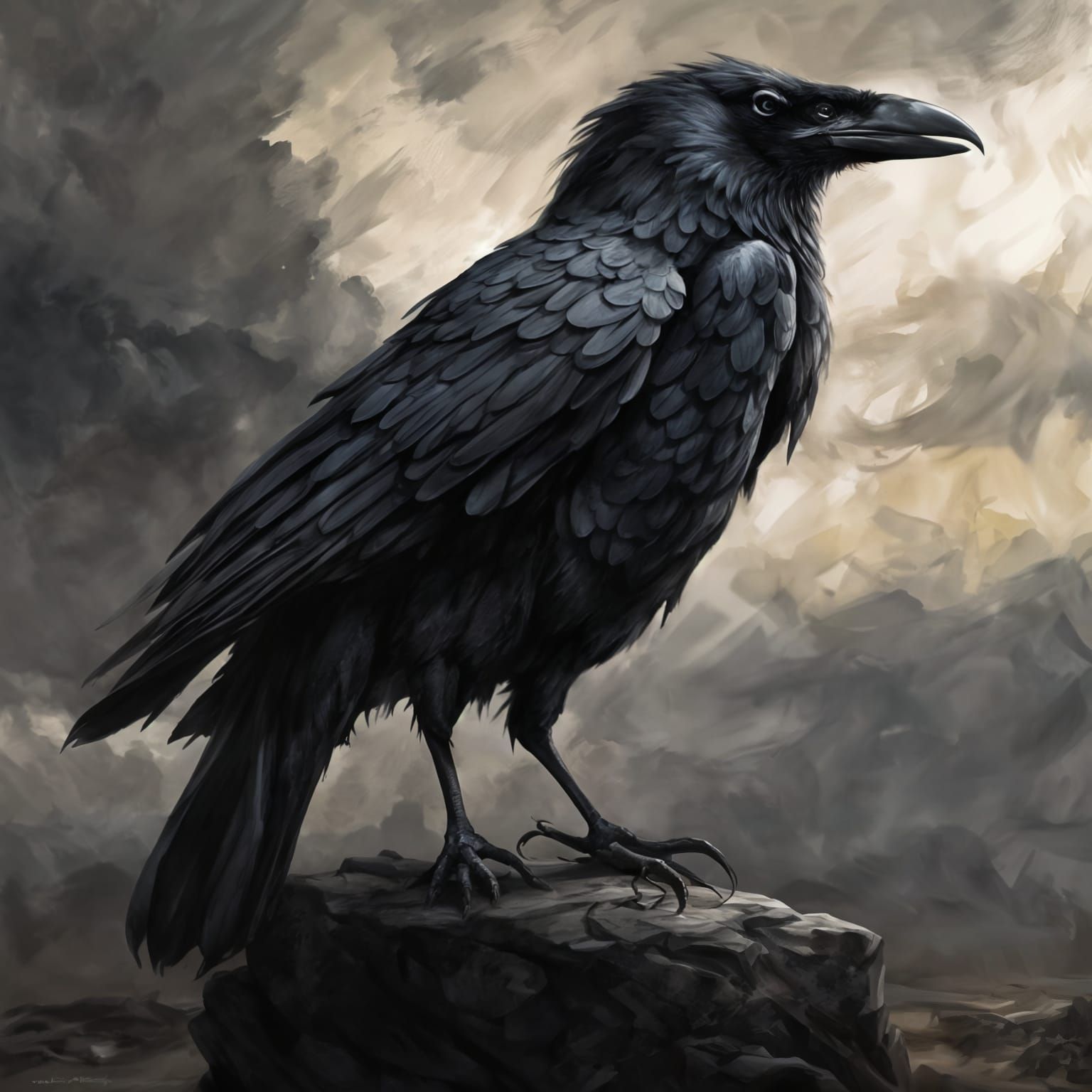 Armored Raven in Stormy Fantasy Landscape