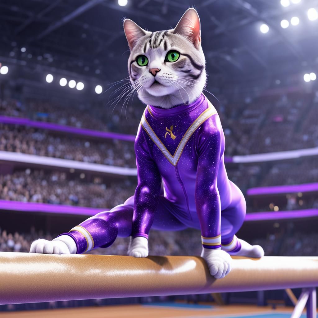Gymnastic Feline on Beam in Anime Style