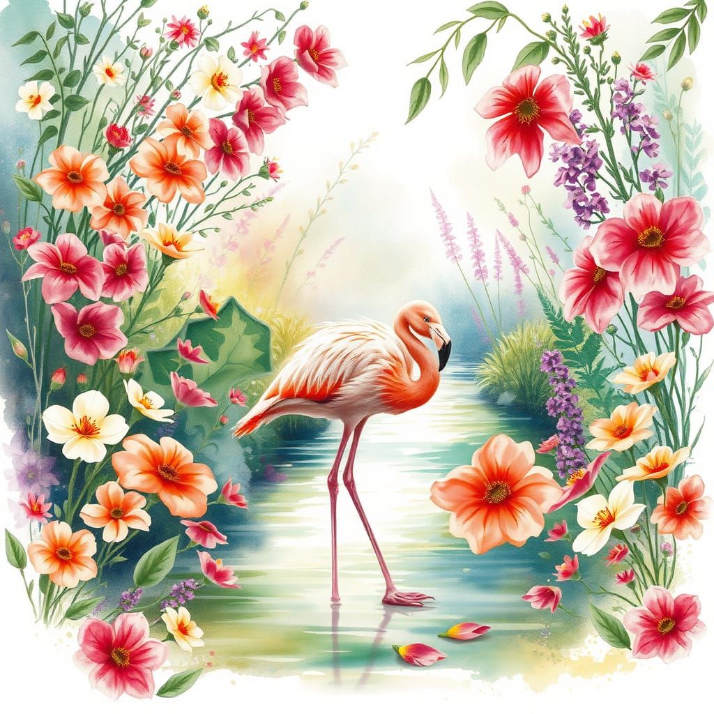 Surreal Flamingo Embarks on Cosmic Garden Adventure in Water...