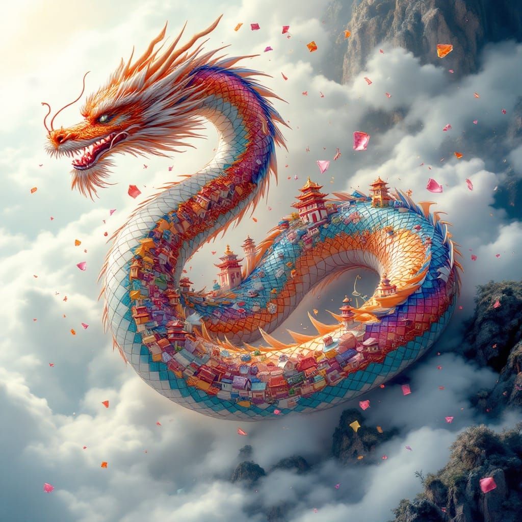 Vibrant Digital Dragon Unfurls in Dreamlike Atmosphere
