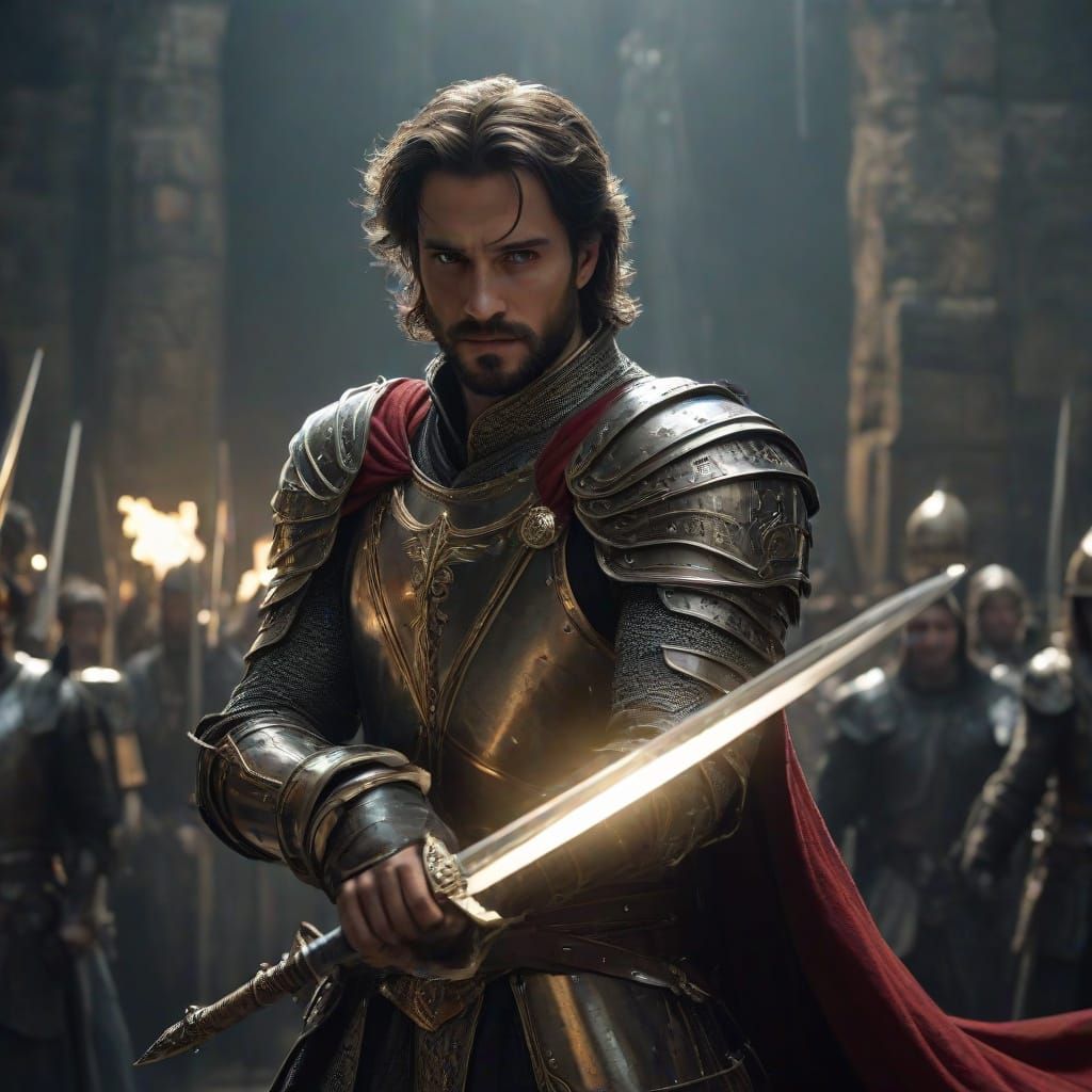 King Arthur Grasps Excalibur, Channeling Divine Power