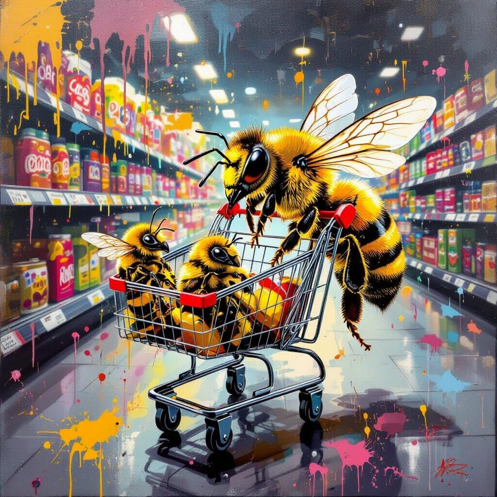 Bee Family Shopping in Supermarket with Graffiti Art Style