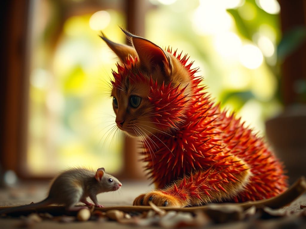 Surreal Rambutan Cat Hunts Kiwi Mouse in Terracotta Hues