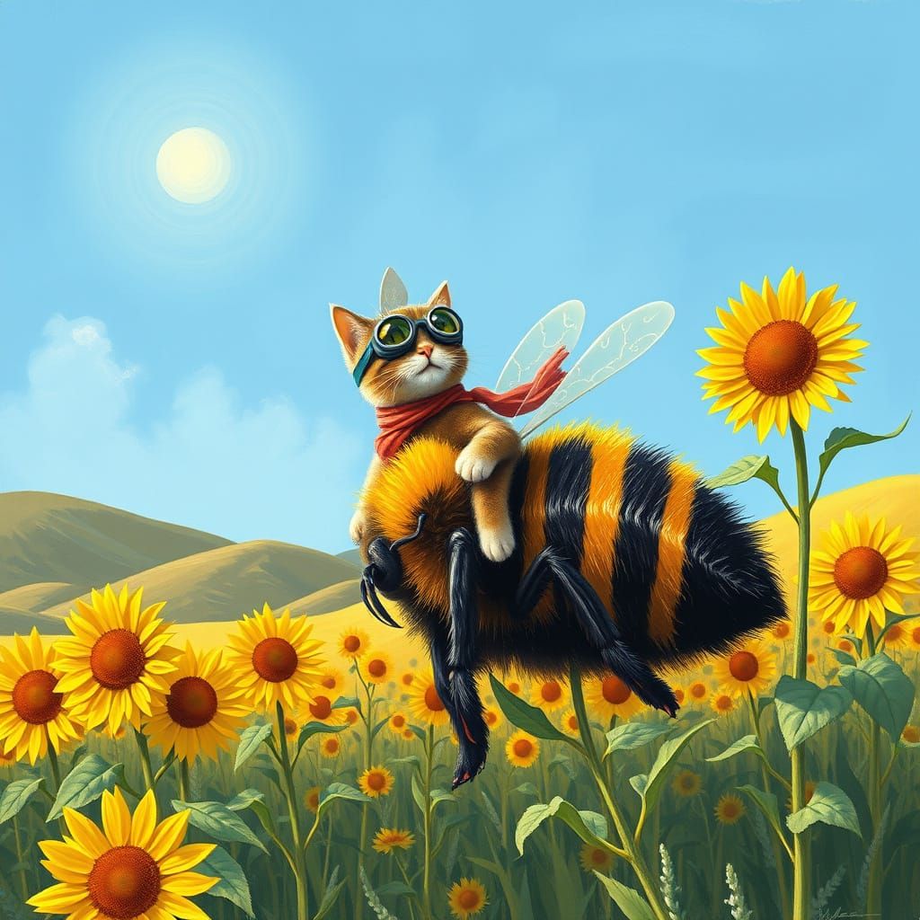 Cat Rides Bumblebee Through Sunflowers in Van Gogh Style