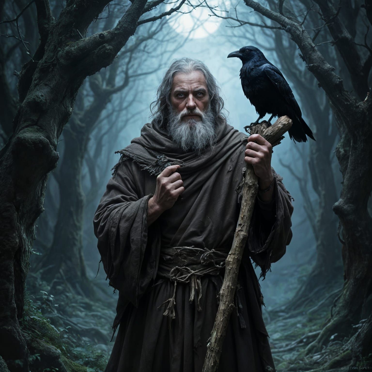 Medieval Monk with Raven in Misty Forest