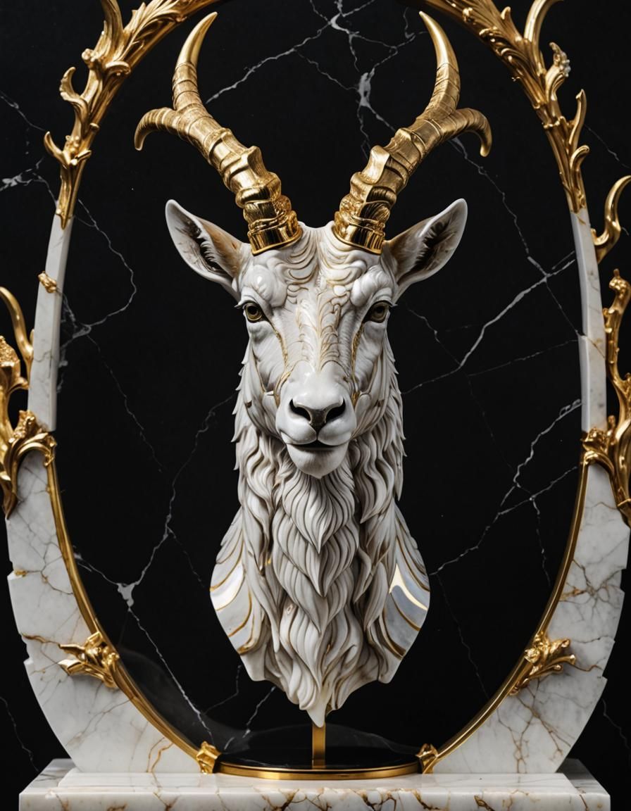 Marble Crystal Ibex Head in Art Deco Style