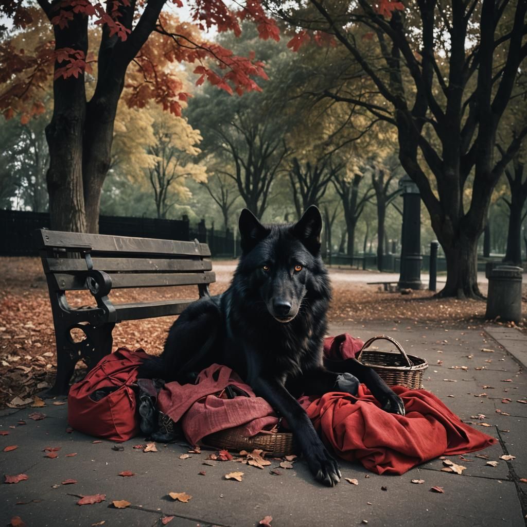 Dramatic Black Wolf on Park Bench at Night