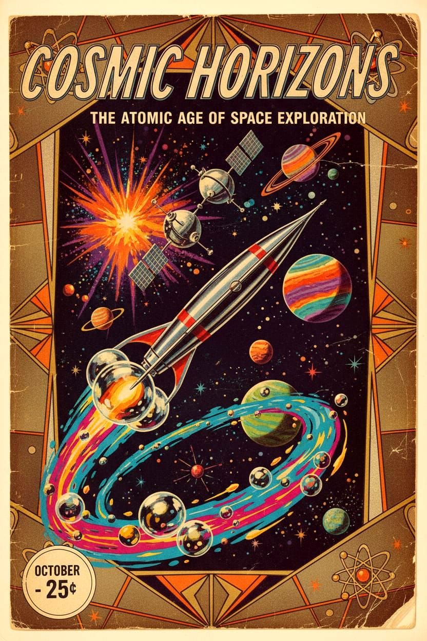 Retro Atomic Age Magazine Cover with Space Exploration