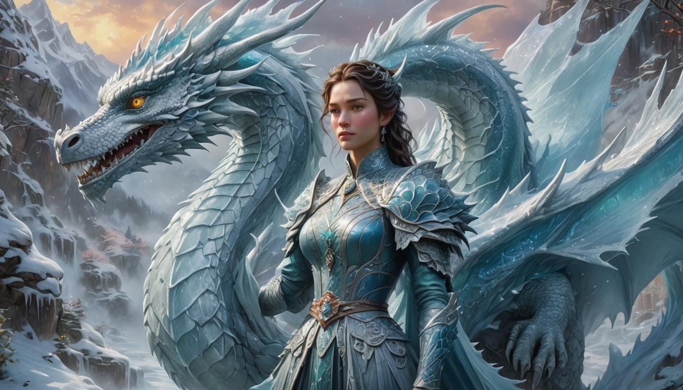 Ice Dragon and Lady: Hyperrealistic Ethereal Fantasy