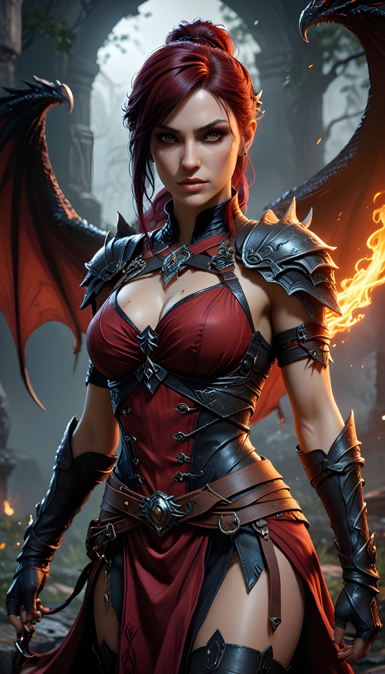Fantasy-Inspired Female Warrior in Red and Black Attire