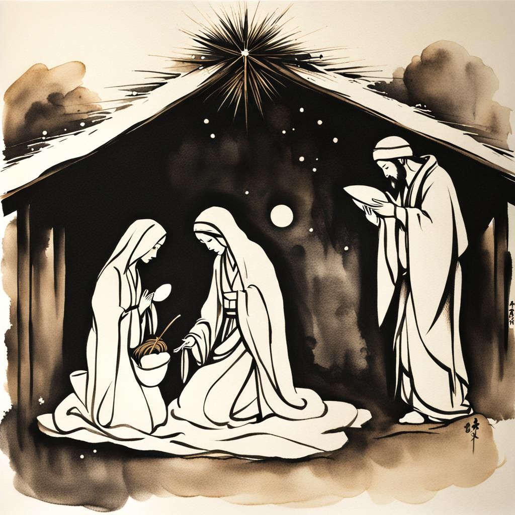 Nativity Scene: Sumi-e Ink Wash Painting
