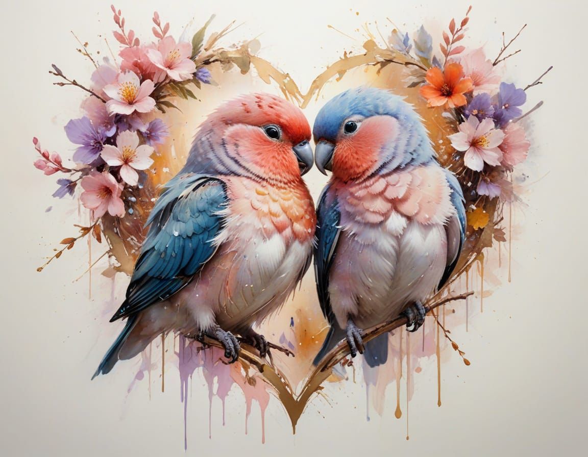 Lovebirds in Watercolor with Pastel Blossoms