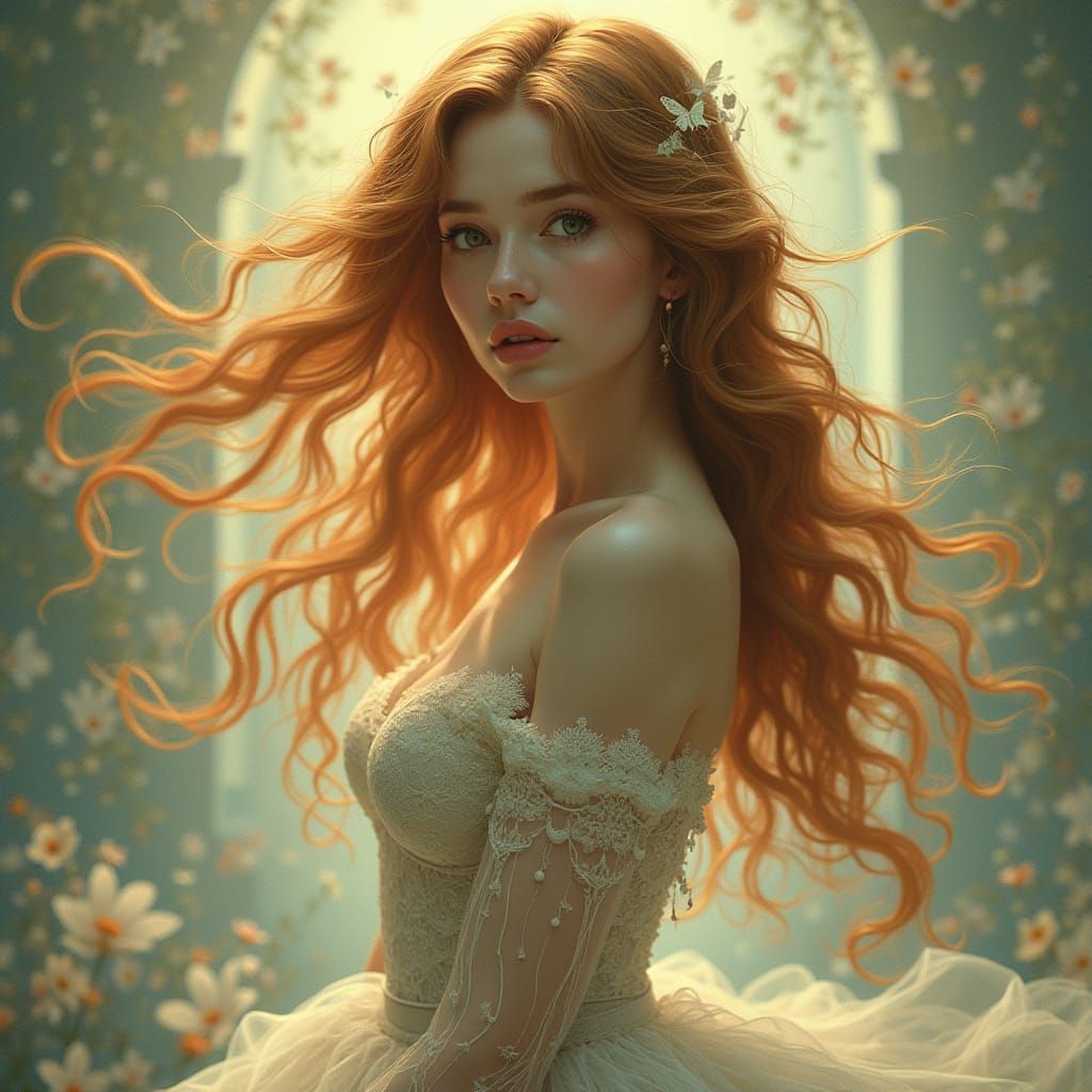 Ethereal Lady in Whimsical Art Nouveau Style