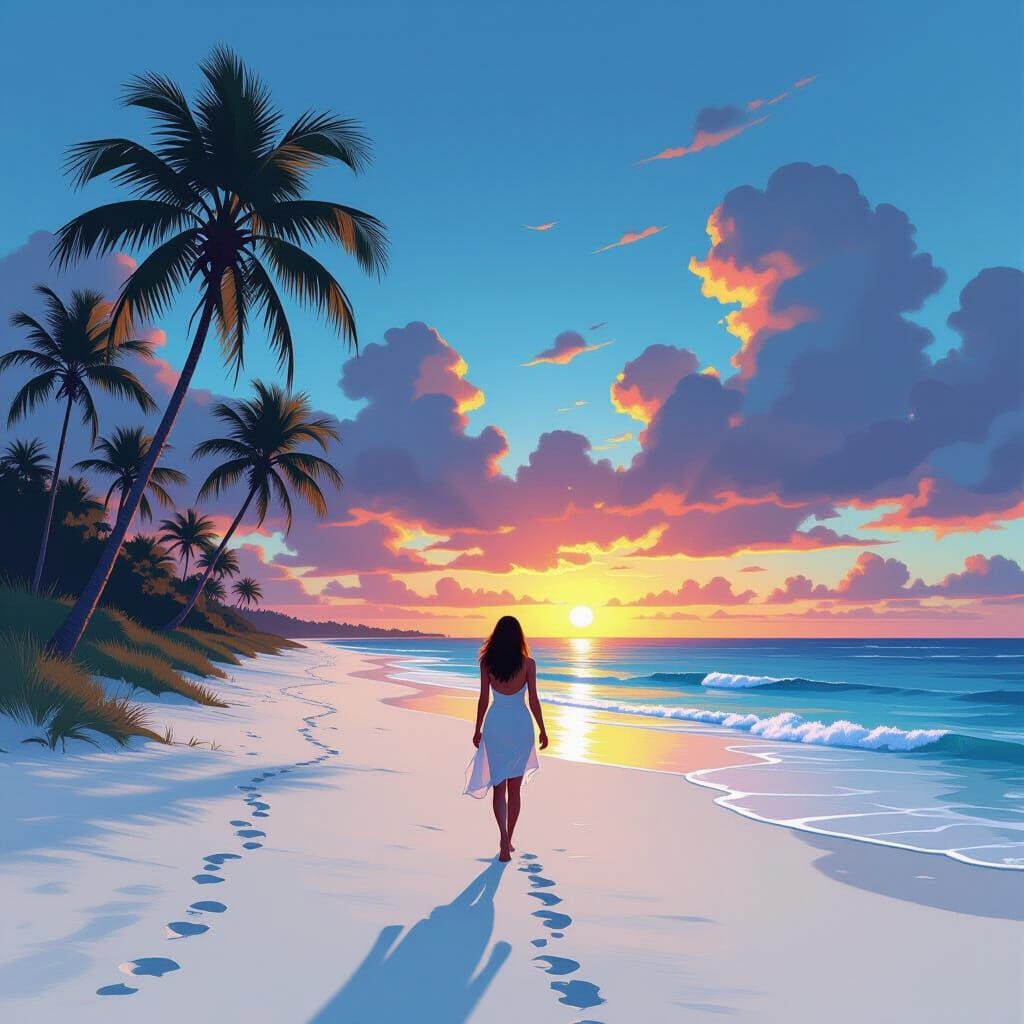 Woman on Beach at Sunset: Hyperrealistic Illustration