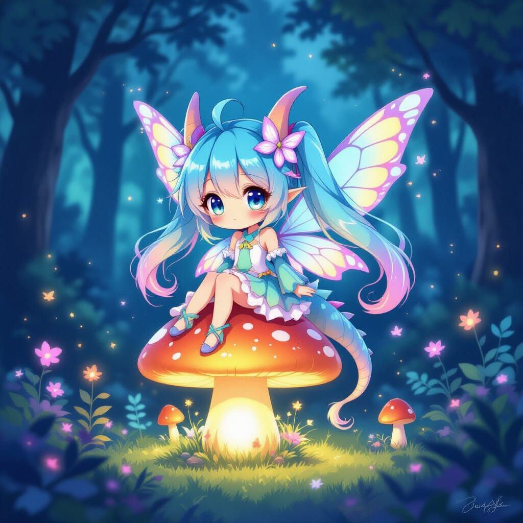 Chibi Hatsune Miku Fairy Dragon on Glowing Mushroom