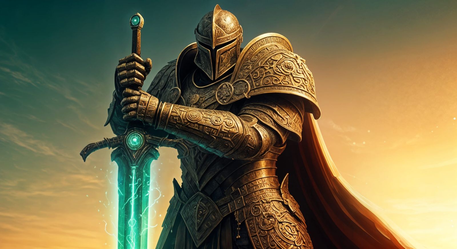 Heroic Knight in Aztec Gold Armor with Jade Sword