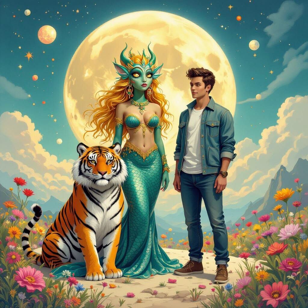 Surreal Moonscape: Troll Woman, Tiger-Man, and Floral Scener...