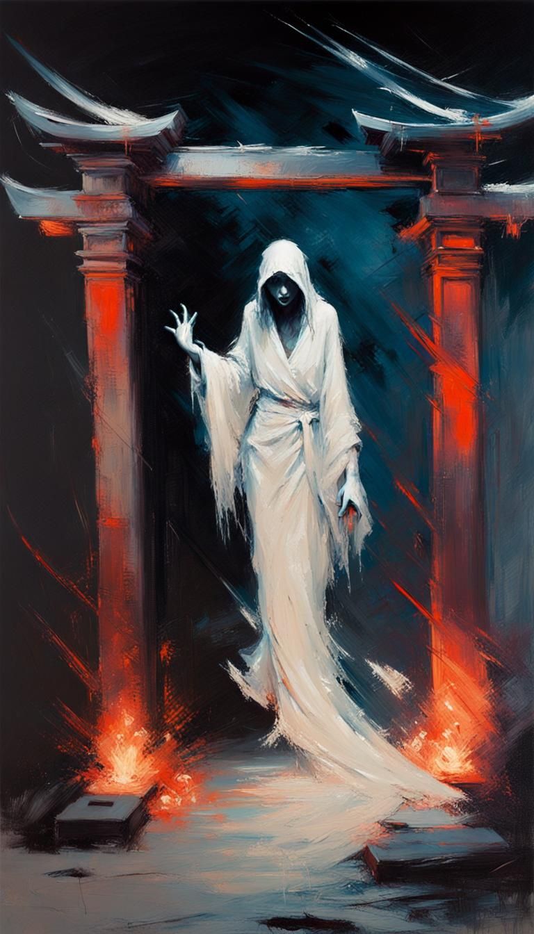 Ghastly Ghost at Graveyard Gate in Oil Painting