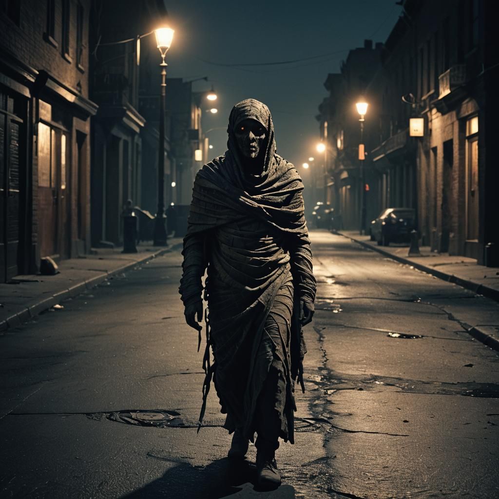 Mummy Walks Alone on a Dark City Street