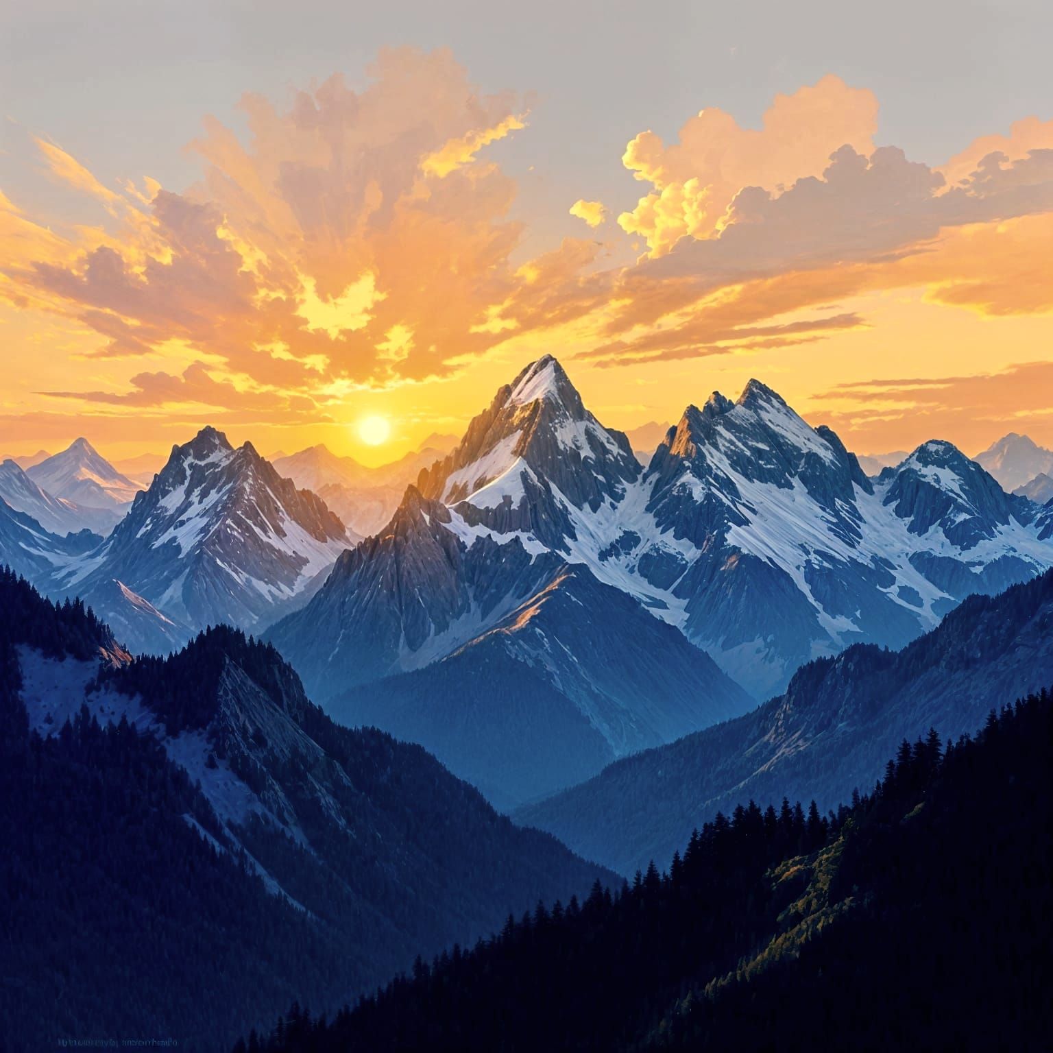 Majestic Mountain Sunrise in Impressionistic Style