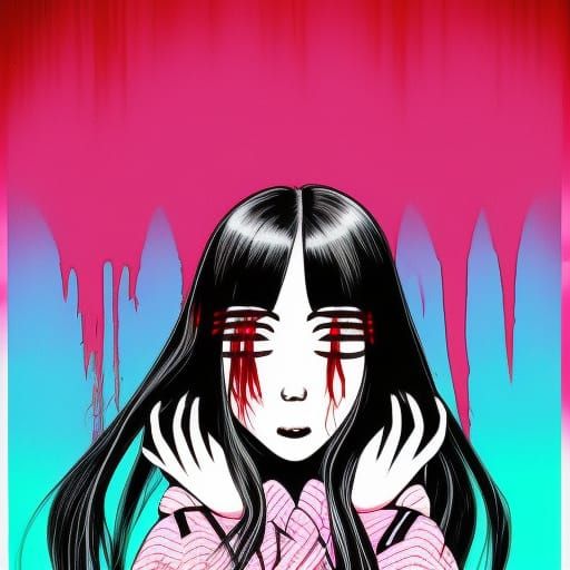 Scary Japanese Girl in Synthwave Neon Retro Style