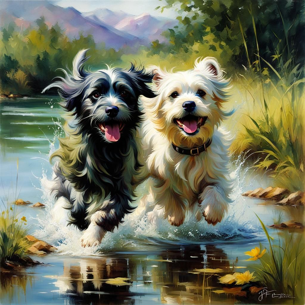Joyful Havaneser Dogs Play in Lake: Oil Painting