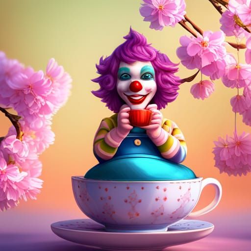 Clown and Kitten in Teacup Under Sakura Tree